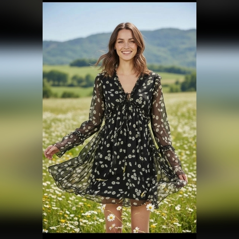 The Kooples Silk Black Floral Long Sleeve Dress French Brand See Mesurements